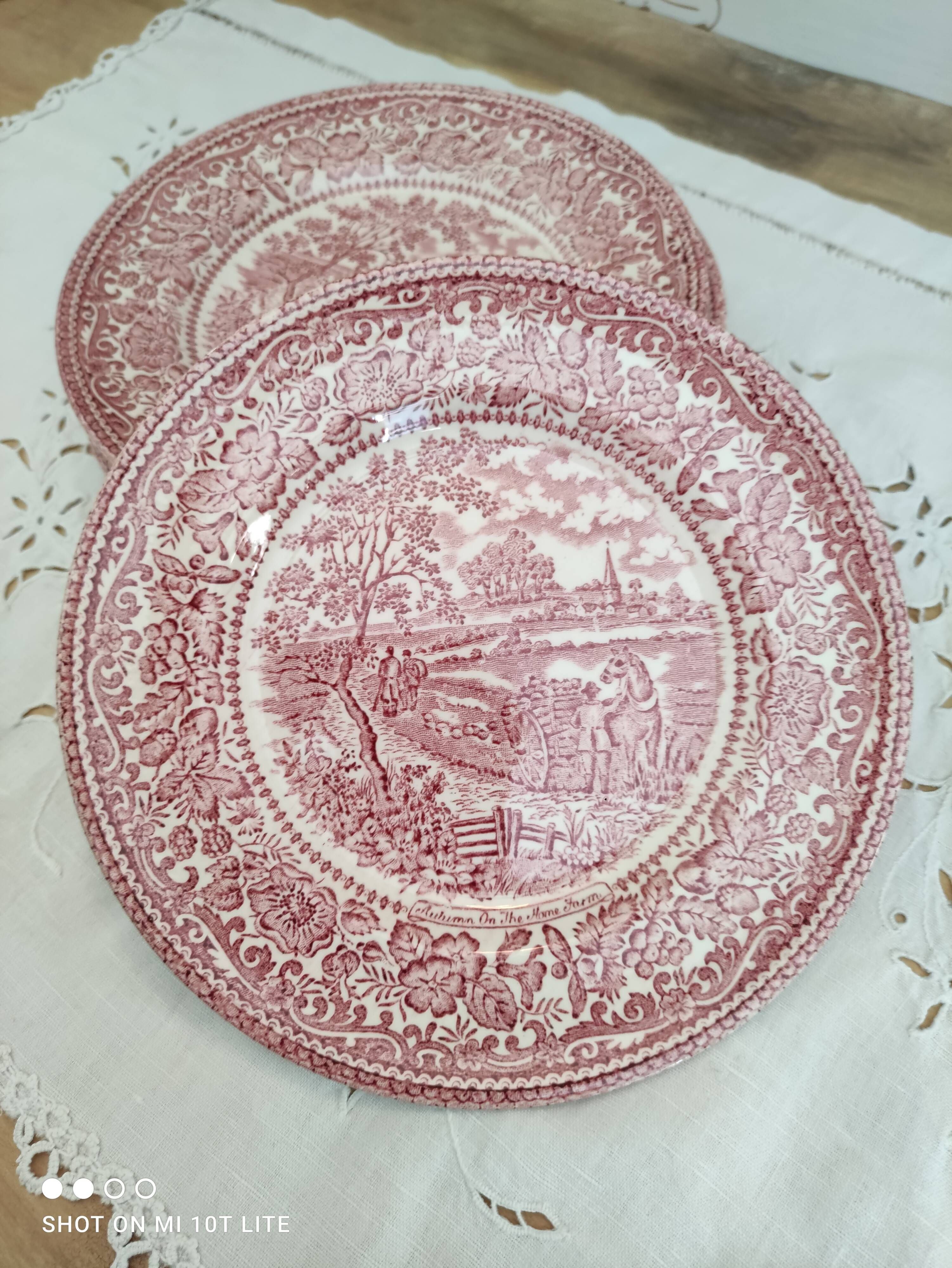 Set of 6 dessert plates in English porcelain red country décor