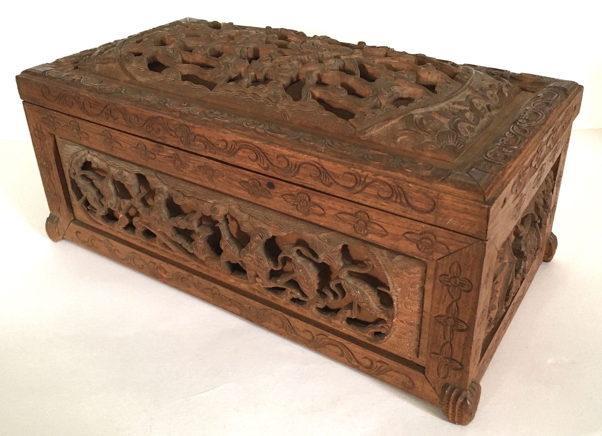 Carved wooden box Indochina late 19th early 20th popular art