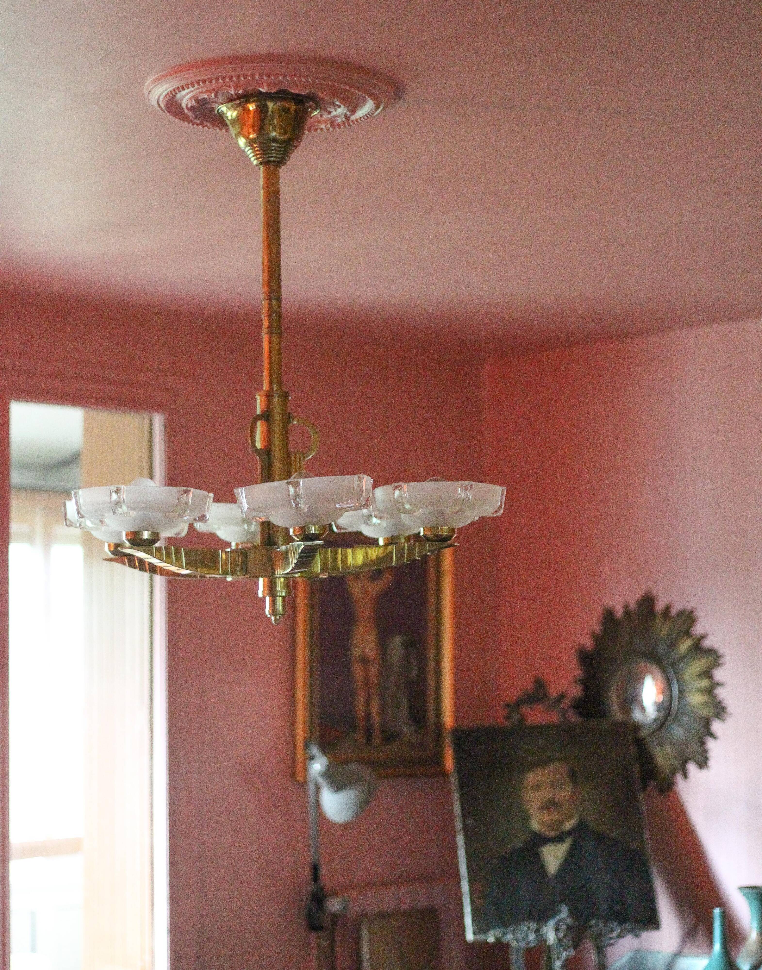 art deco suspension, 6-light Ezan glass globe chandelier, art deco bronze chandelier