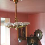 art deco suspension, 6-light Ezan glass globe chandelier, art deco bronze chandelier
