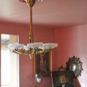 art deco suspension, 6-light Ezan glass globe chandelier, art deco bronze chandelier