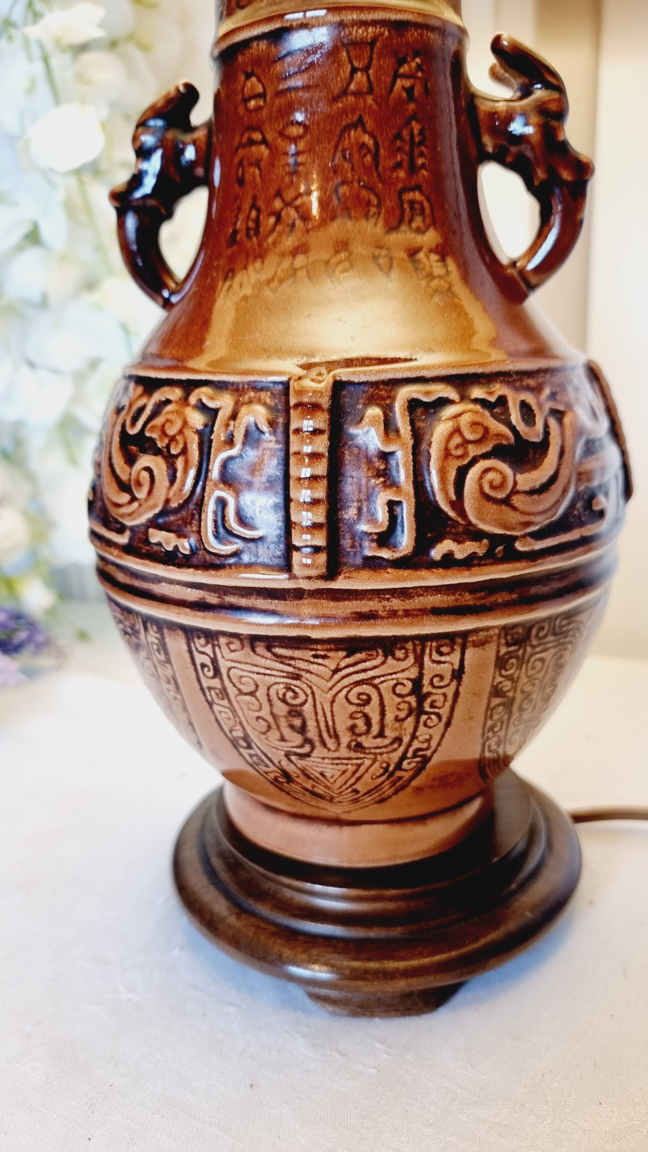 Large vintage table lamp in glazed ceramic, Oriental style 50s-60s.