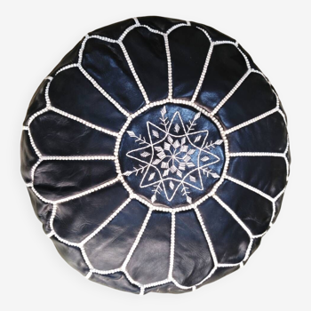 Moroccan pouf in embroidered black leather (without padding)