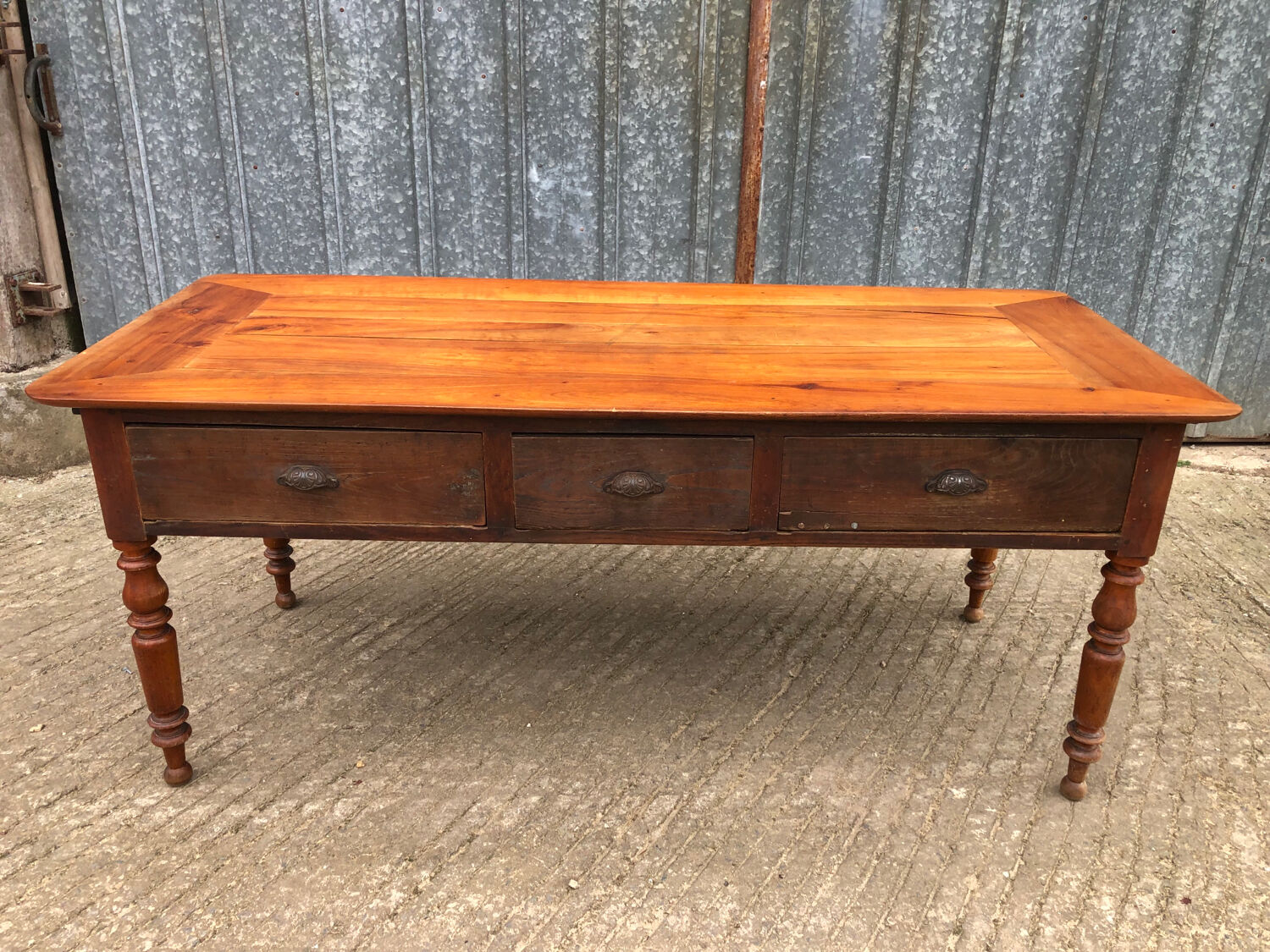 Antique Louis Philippe table in solid cherry and oak with 3 drawers