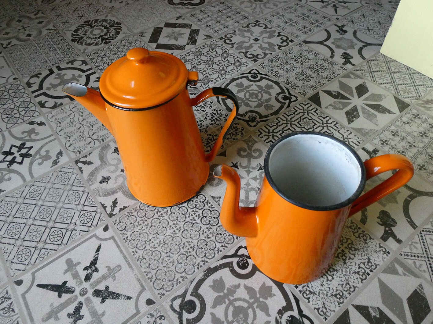 Lot of vintage orange enamelled coffee makers