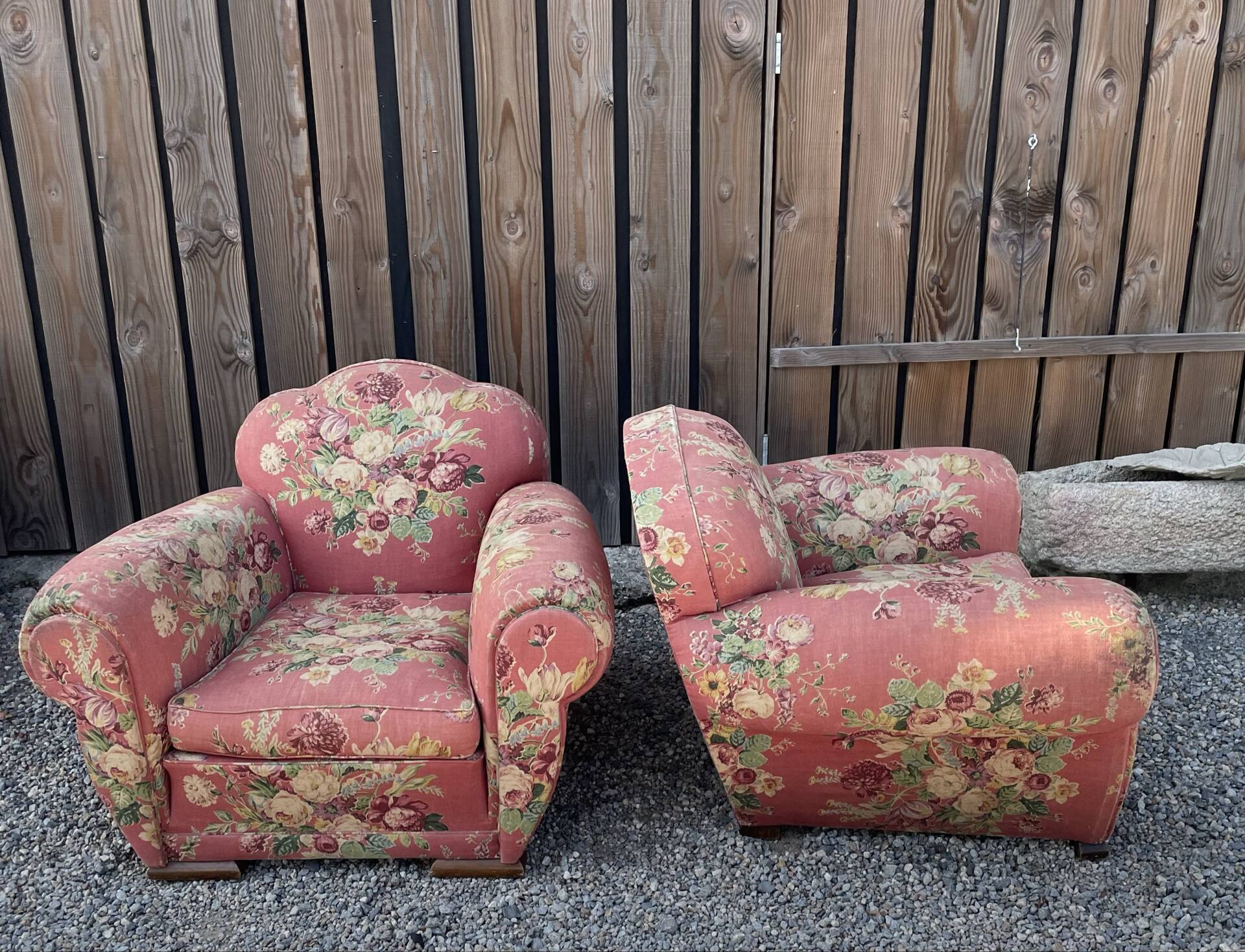 Two Vintage Floral Fabric Recliner Chairs