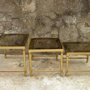 Brass, gold metal and 70s mirror glass tables