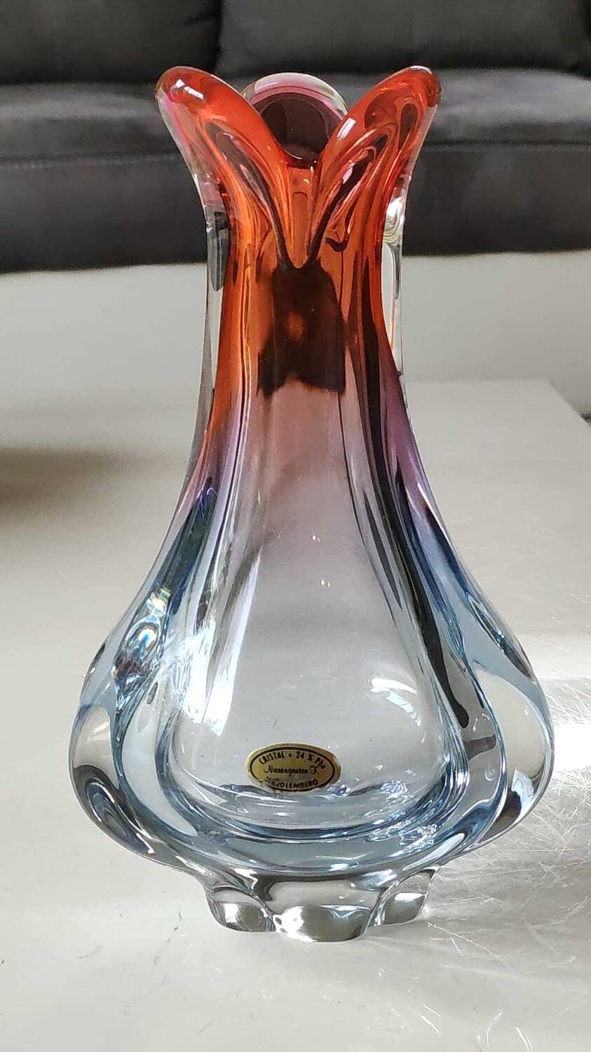 Vintage vase/Lemberg crystal/Nierengarten F. Floral design, polylobed neck. Orange tones. Dim 22 x 14 cm