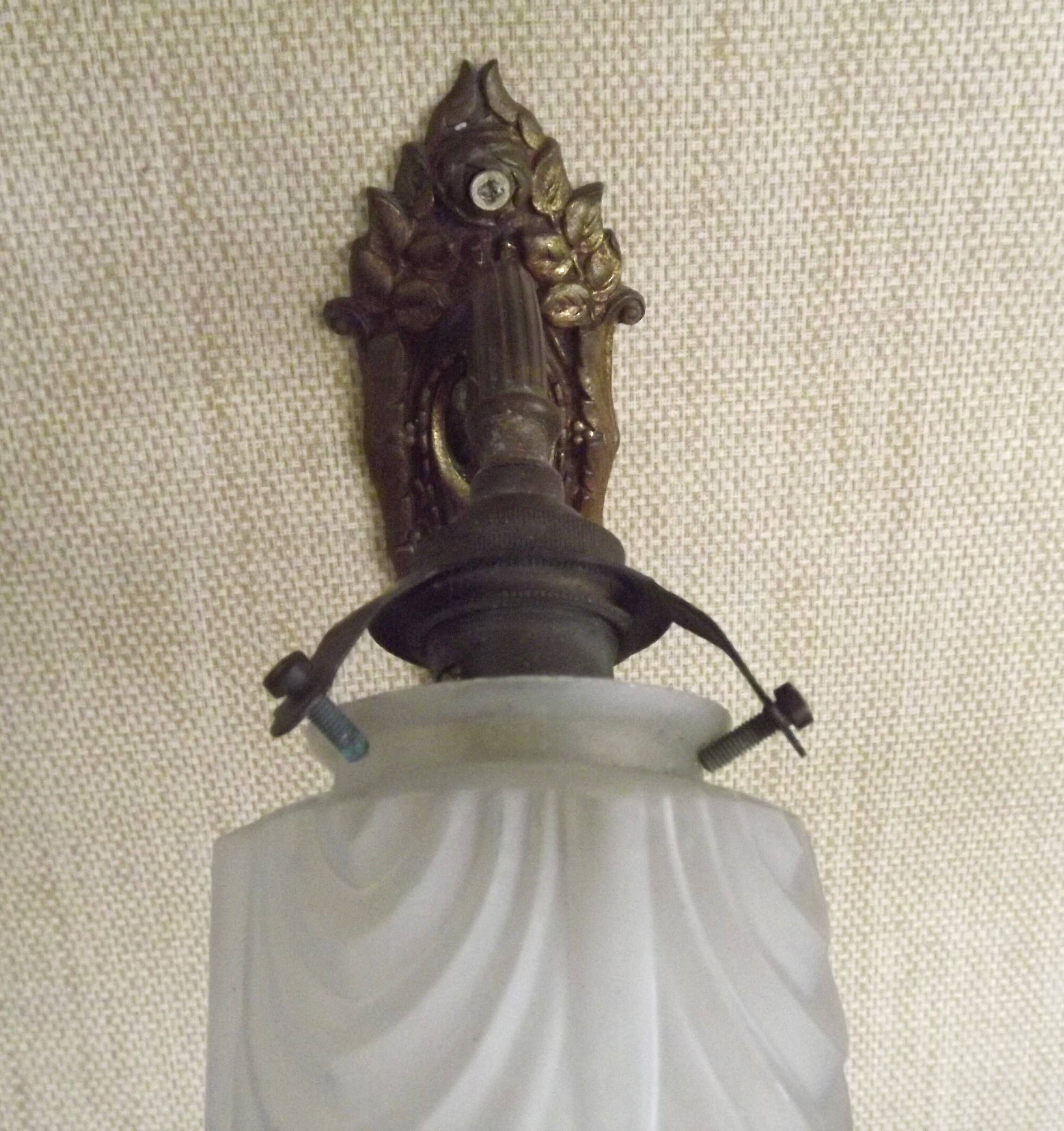 Single French Bronze Art Nouveau Wall Light with Flower Detail and White Glass Shade 4970