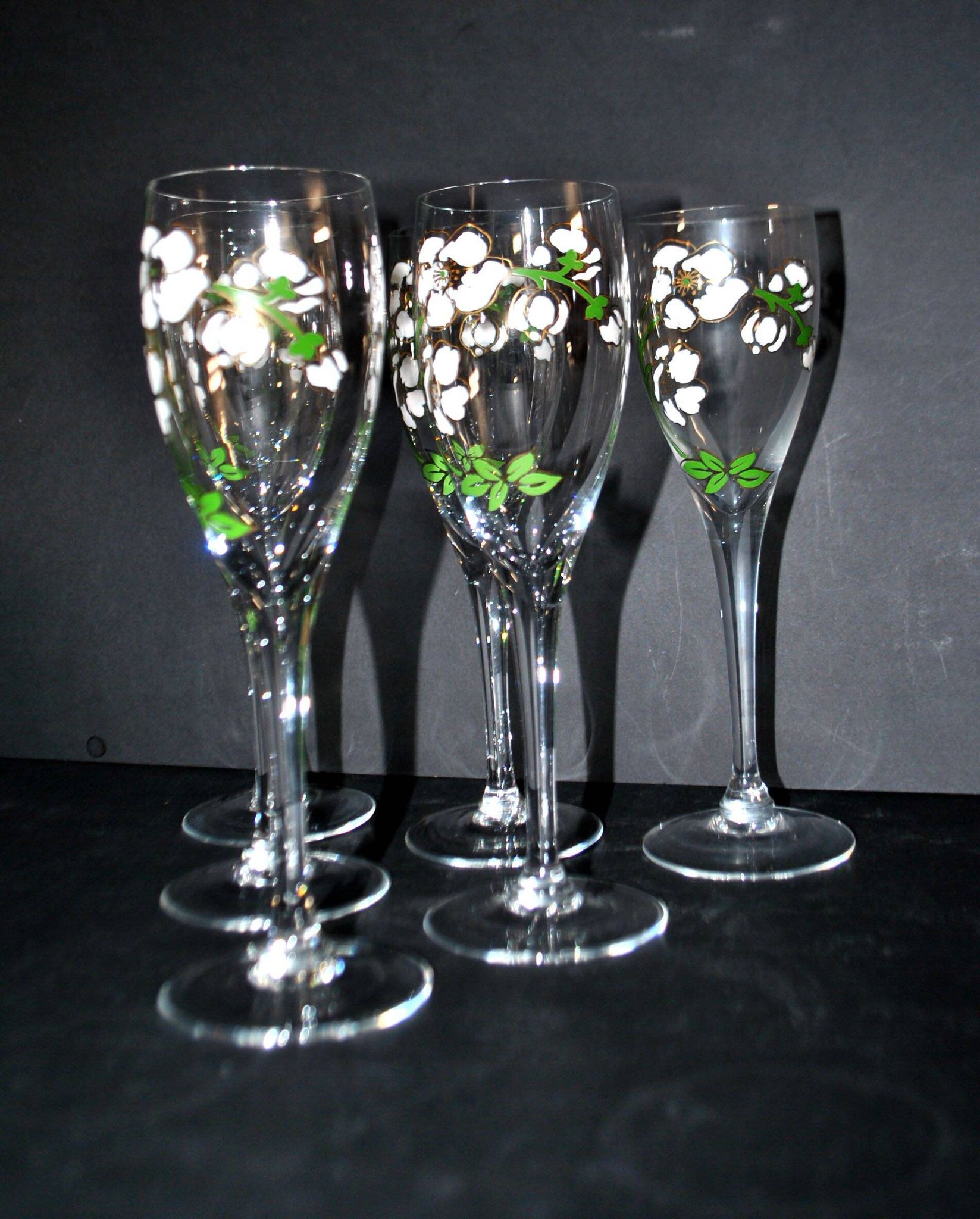 Perrier Jouet set of 6 Anemone Cuvée Belle Epoque champagne flutes in Gallé enamelled crystal