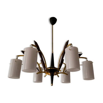 Brass and teak wood pendant chandelier