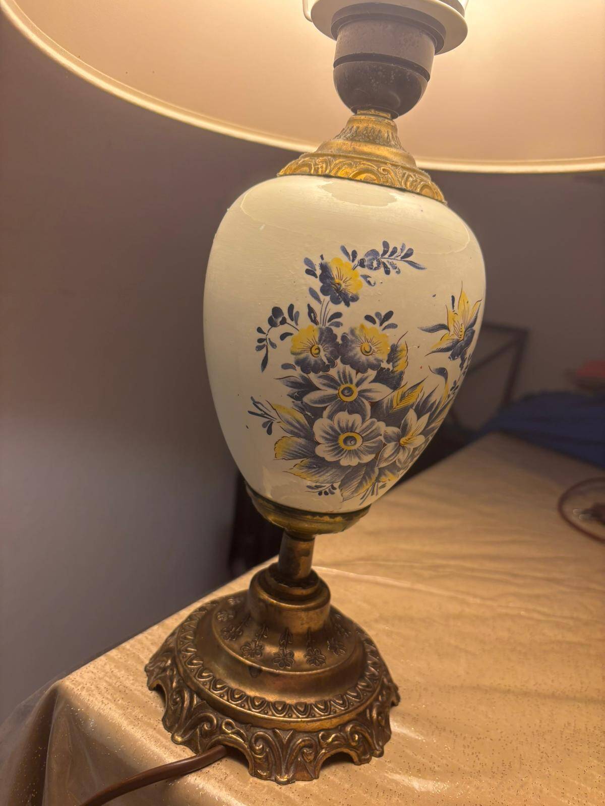 Vintage lamp, painted porcelain with blue flowers and brass