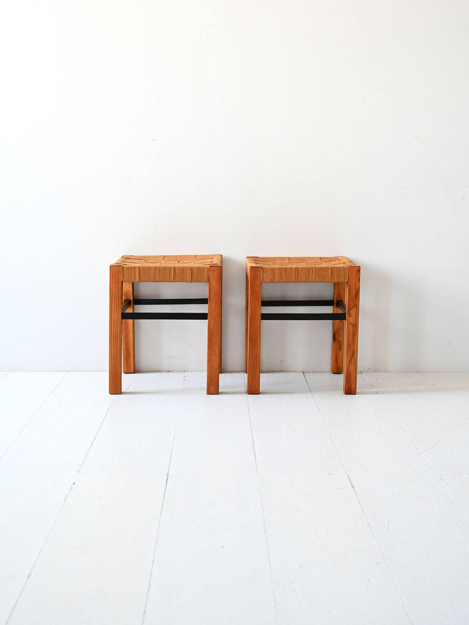 Pair of Scandinavian vinatge pine stools with woven seats