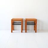 Pair of Scandinavian vinatge pine stools with woven seats