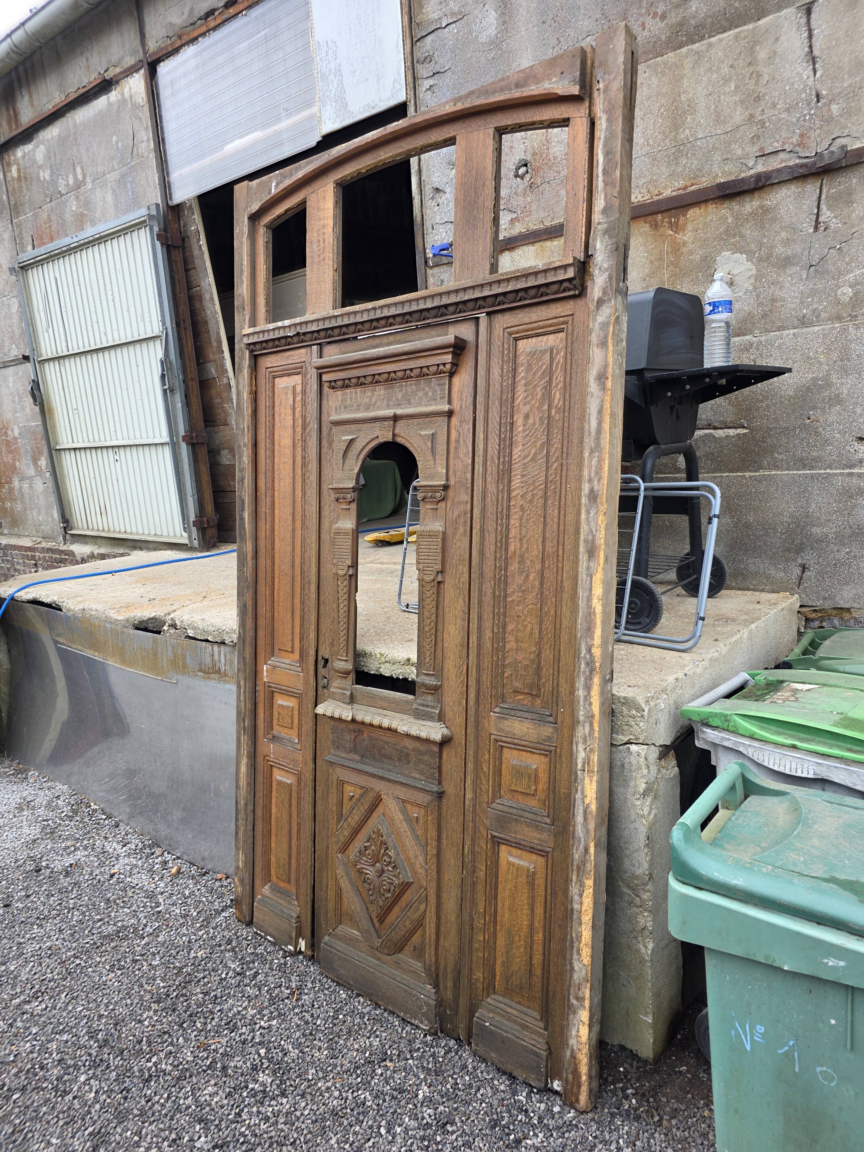 19th-century solid oak entrance door with three openings, including frame.