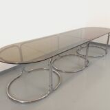 Large vintage modular oval dining table in smoked glass and chromed metal, Space Age style, 70s