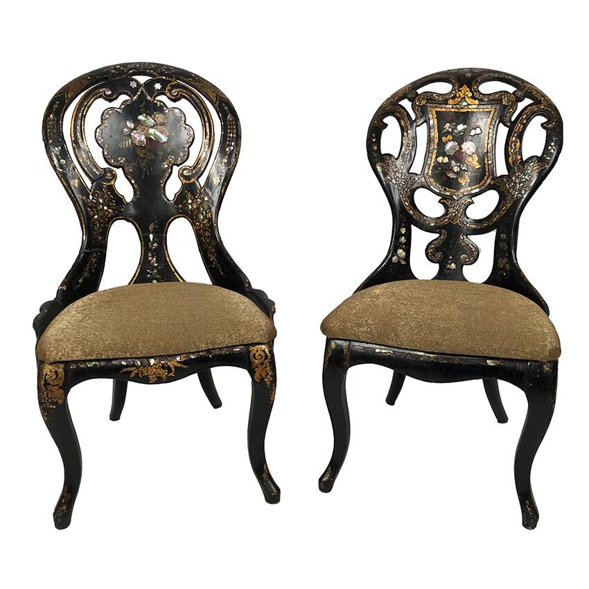 Fake pair of Napoleon III chairs, blackened wood and burgundy boiled cardboard