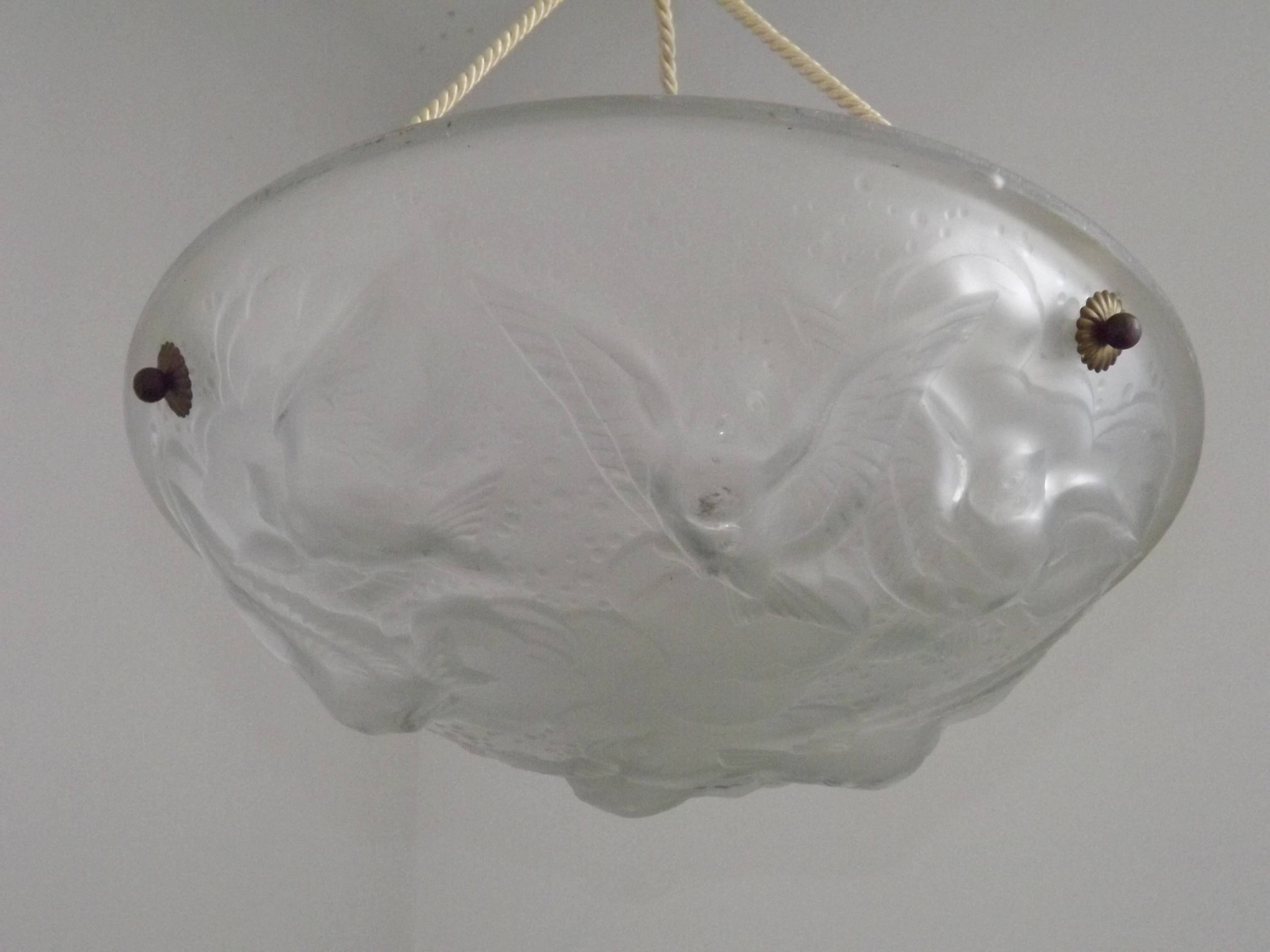 Signed Muller Frères Lunéville Art Deco Ceiling Light Flying Bird Detail