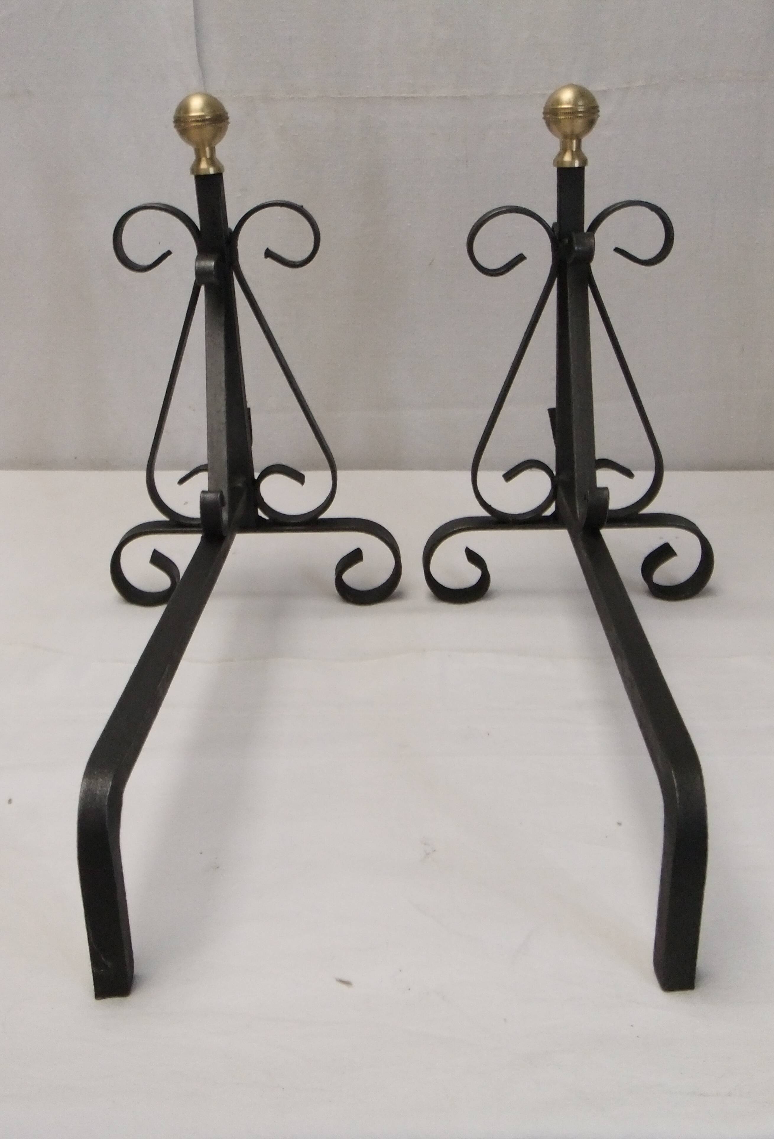 Antique pair of cast iron andirons wrought iron and bronze fireplace accessory
