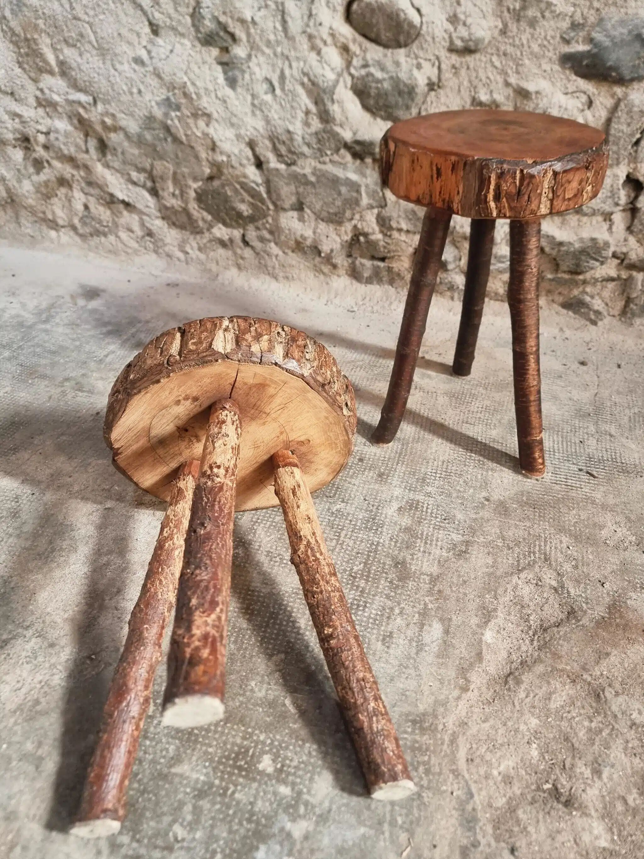 Vintage wooden tripod stools, set of 2, France 1960s