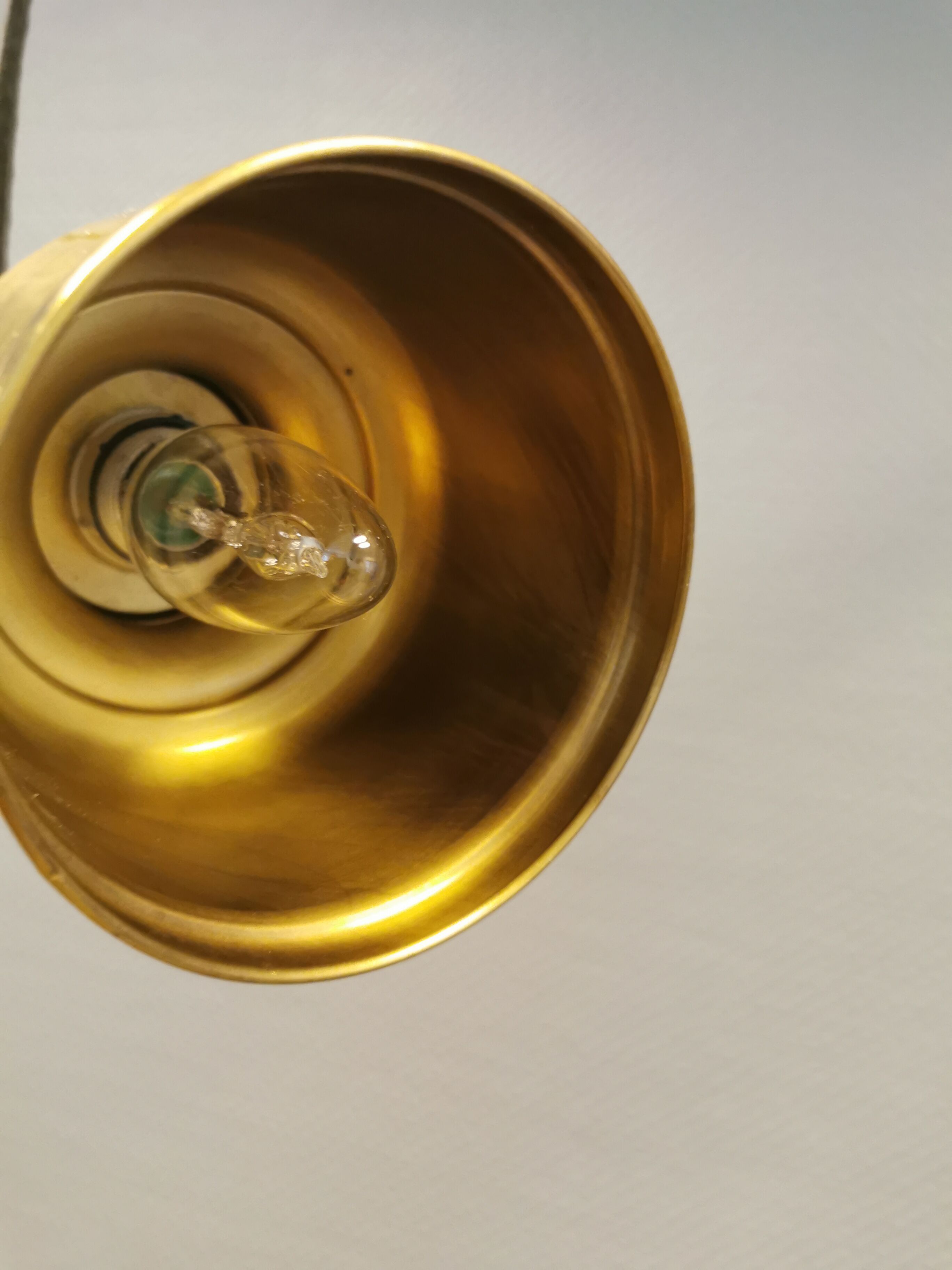 Small golden Danish hanging lamp in metal and brass.