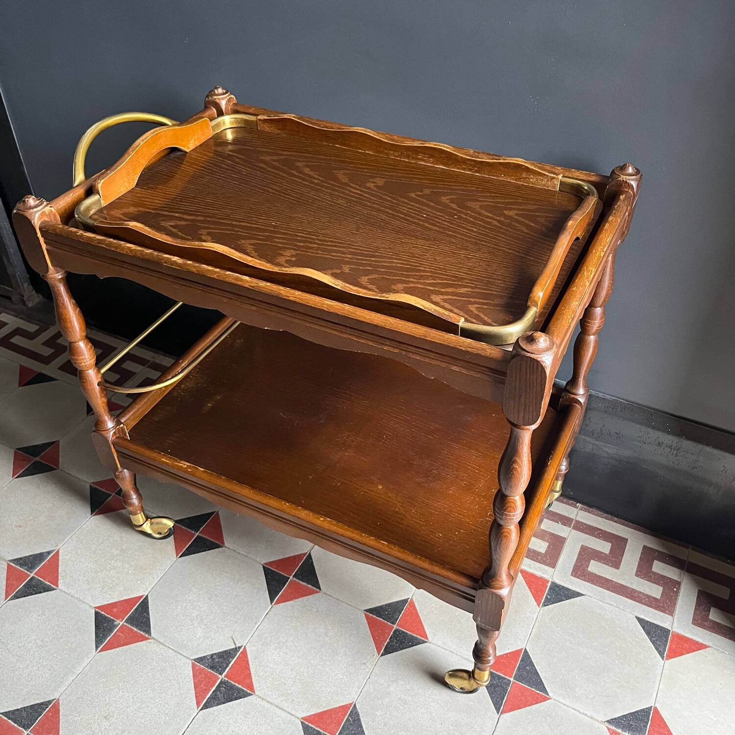 Wooden and brass rolling trolley