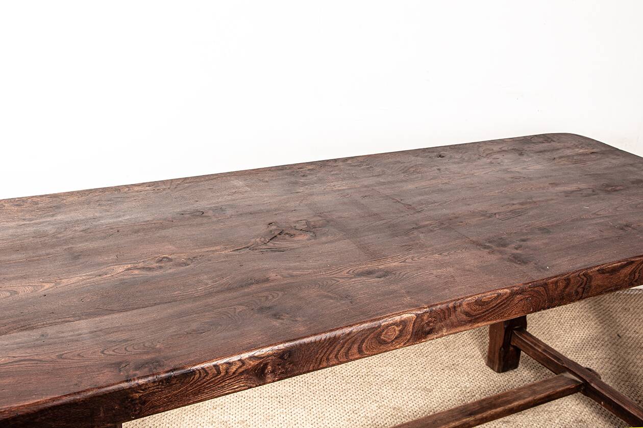 Large brutalist dining table in solid Elm, inspired by Olavi Hanninen, 1960.