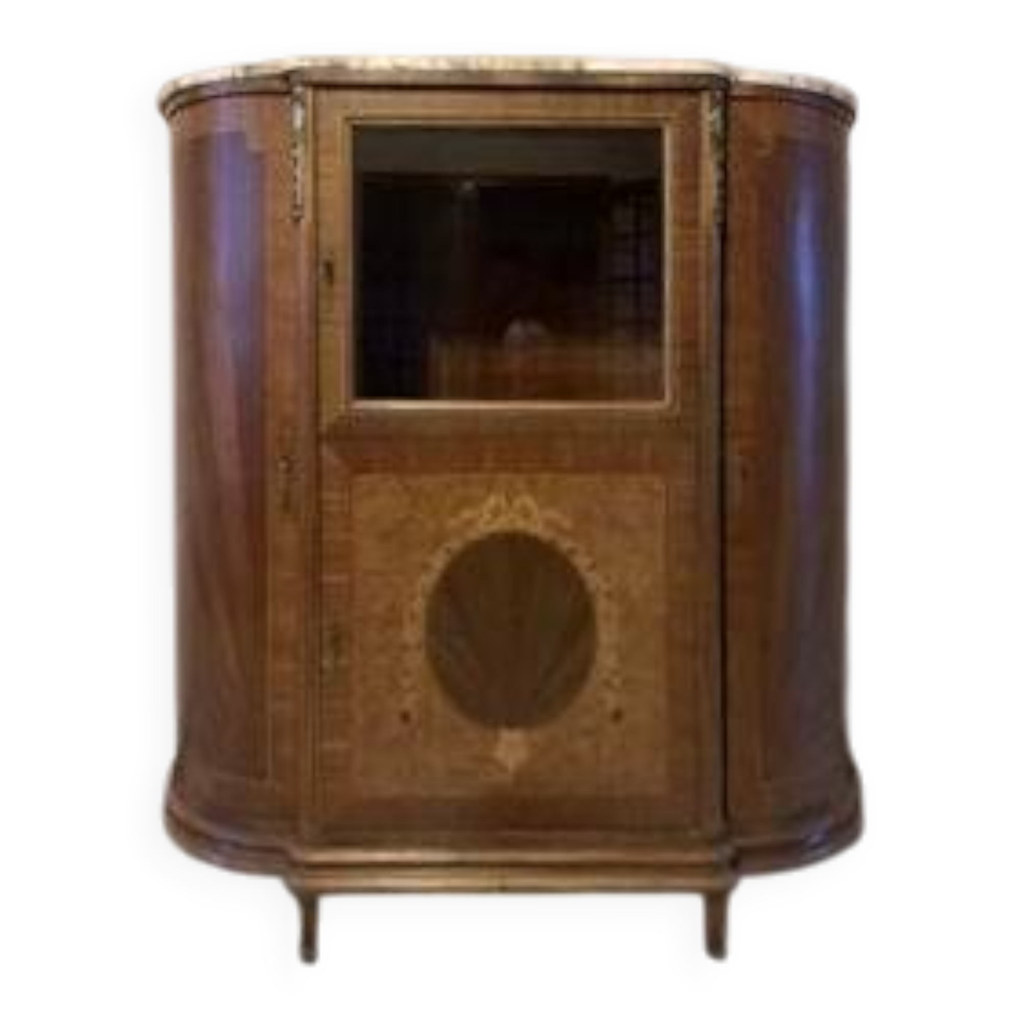 Half-moon buffet with display cabinet in Louis XVI style, marquetry with marble top.