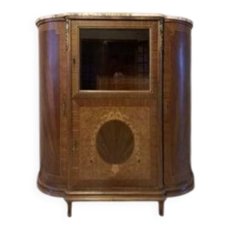 Half-moon buffet with display cabinet in Louis XVI style, marquetry with marble top.