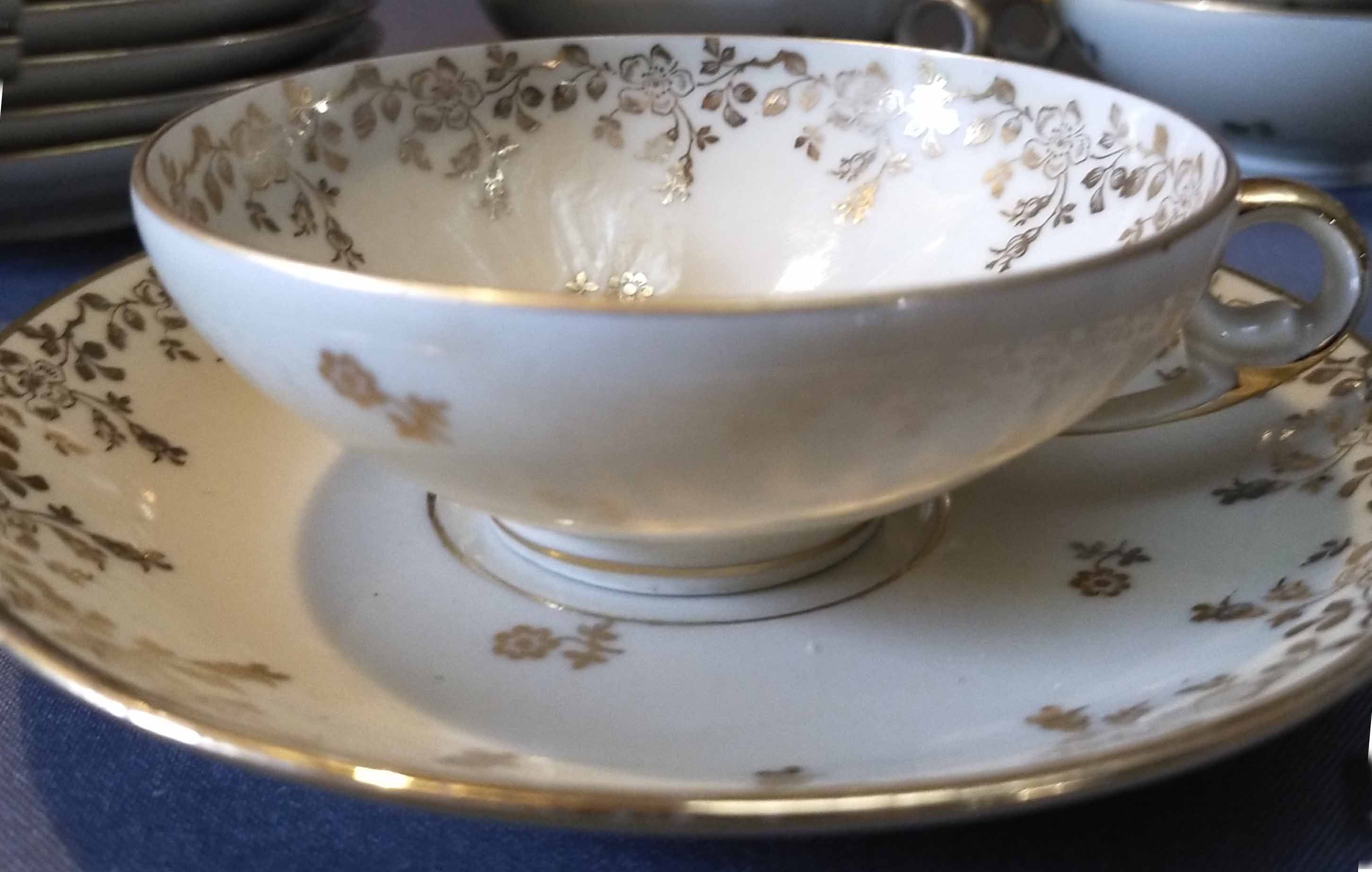 10 cups and tea saucers Limoges porcelain DRB Manufacture decor signed JS