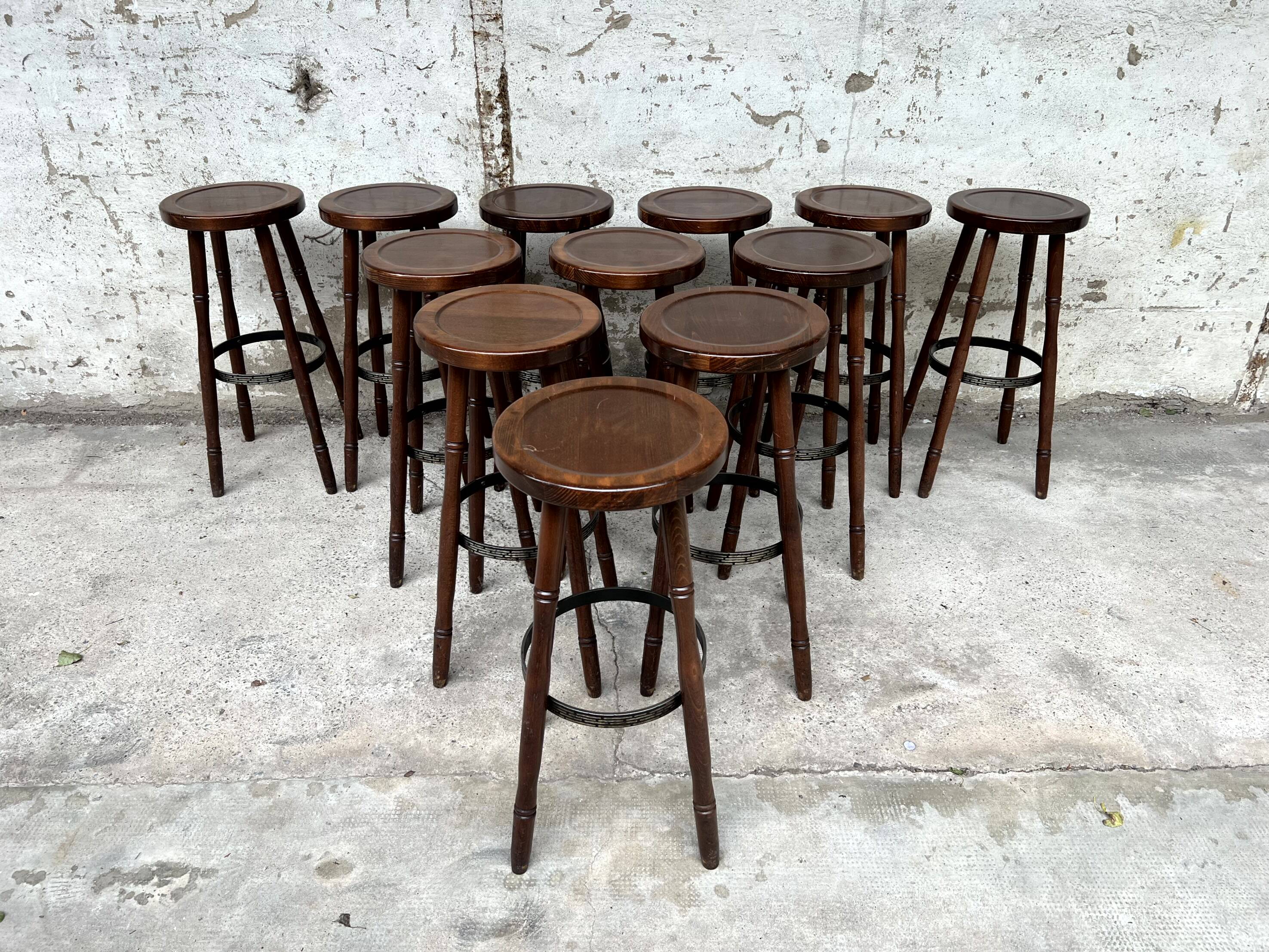 Set of 12 solid wood bar stools 1960 - 1970 vintage