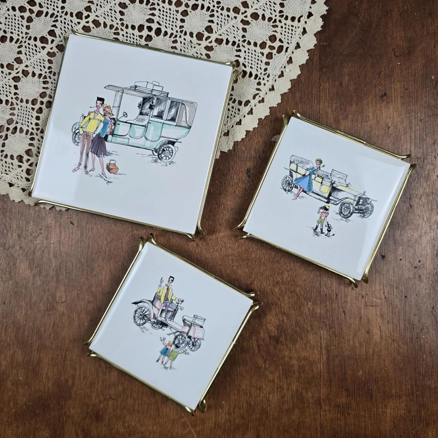 Set of 3 vintage Gien trivets – Retro car, child & couple design