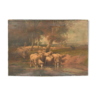 Oil on canvas depicting a shepherd and his flock of sheep