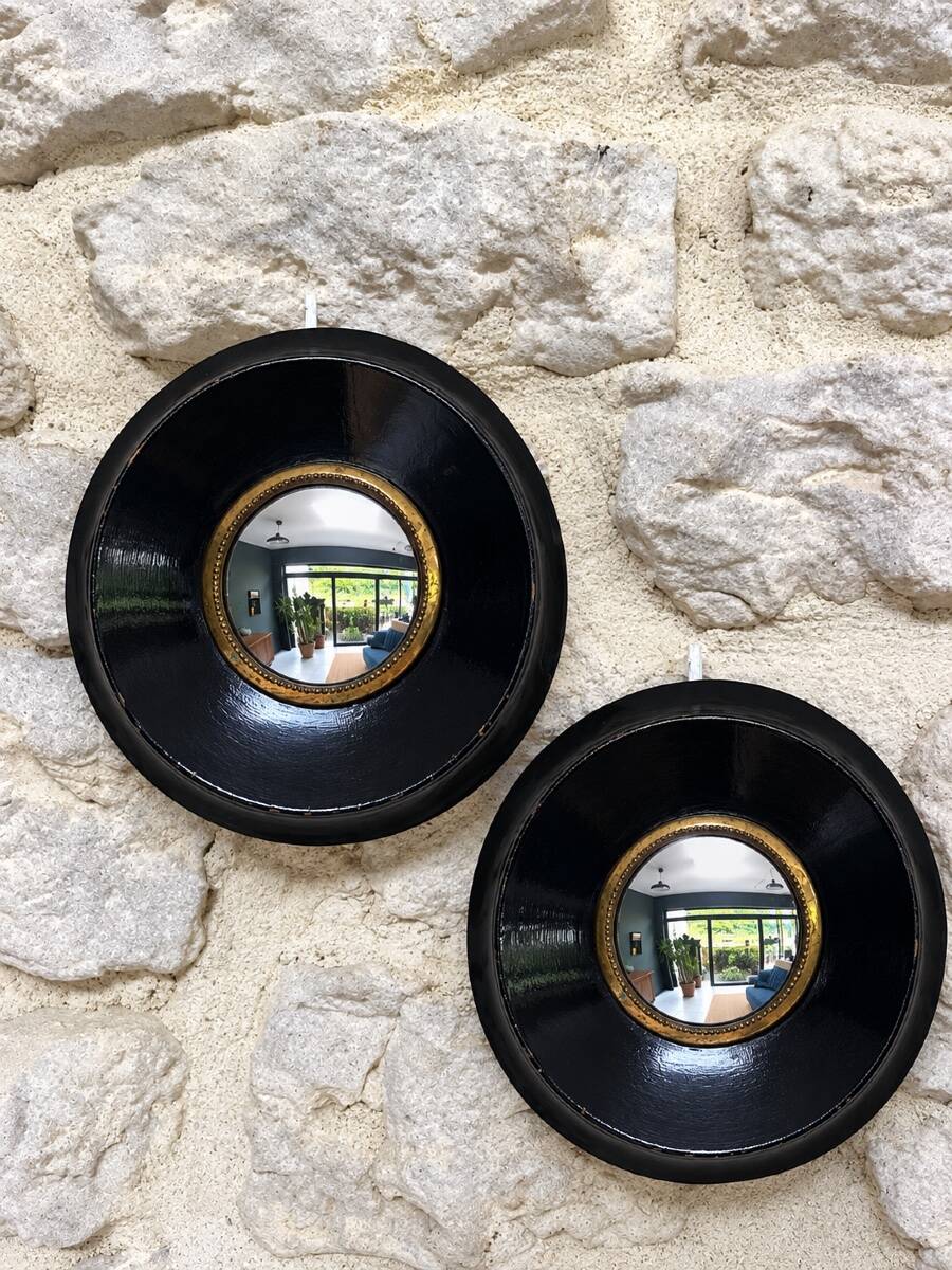 Pair of witch mirrors Napoleon III, 12cm, antique glass, curiosity, antique, black