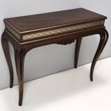 Vintage Rectangular Solid Walnut Console Table with Engraved Mirror Motif, Italy