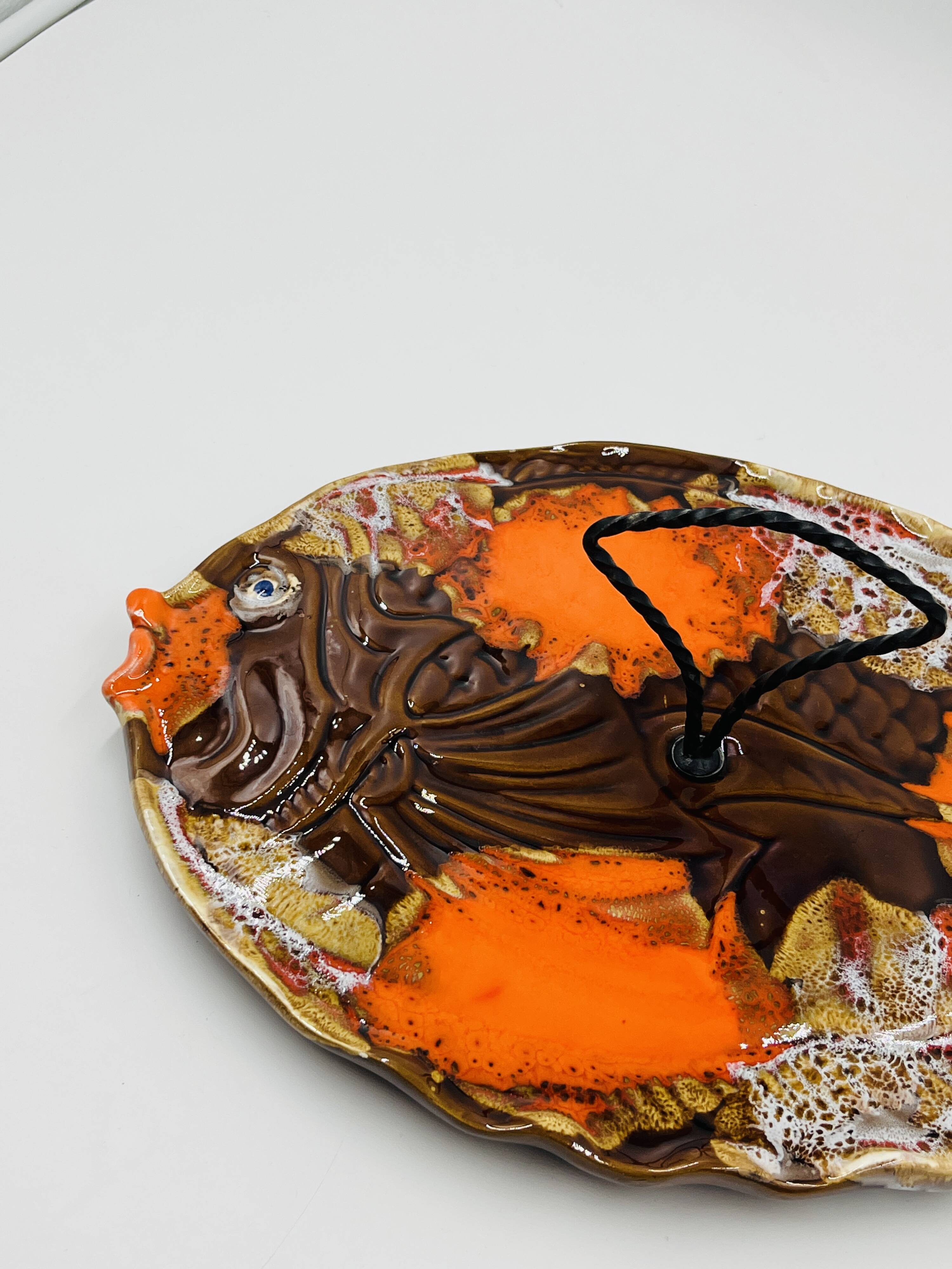 Plat Poisson Vallauris Céramique Vintage Orange