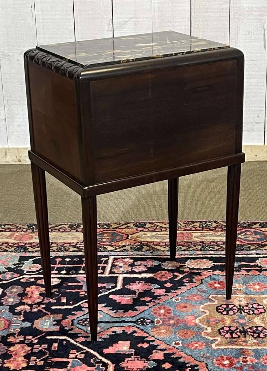 Art Deco bedside table in rosewood, walnut burl, and marble top.