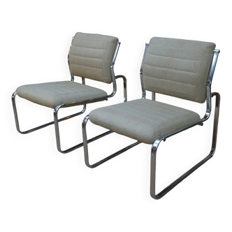 Paire de Fauteuils Chaises Design en métal chromé et tissu beige 1970