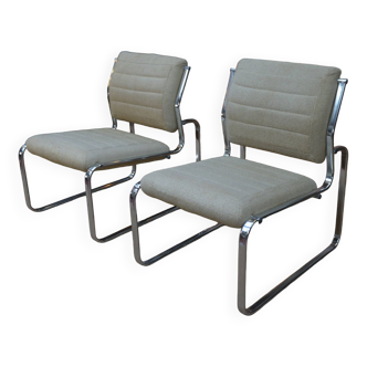 Pair of Design Chairs Armchairs in chromed metal and beige fabric 1970
