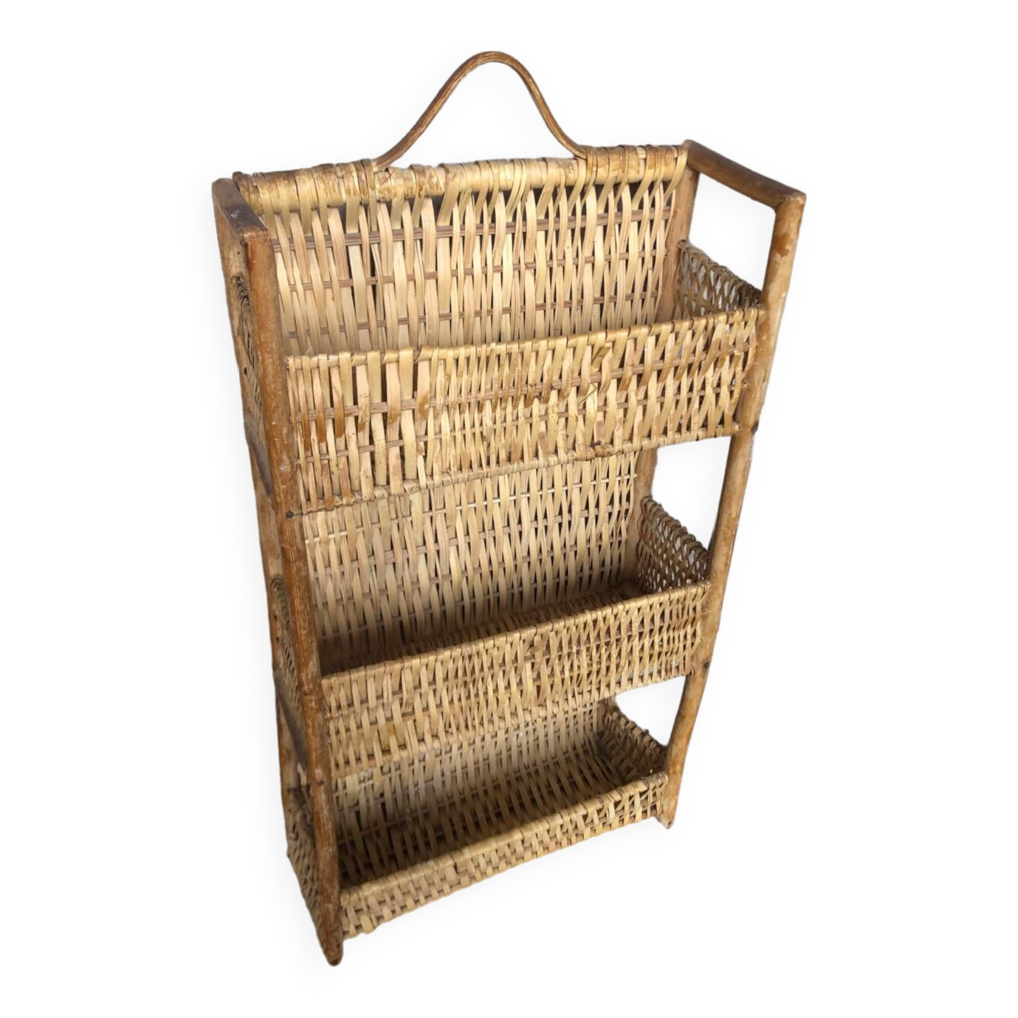 Ancienne etagère à épices rotin osier tressé a suspendre vintage