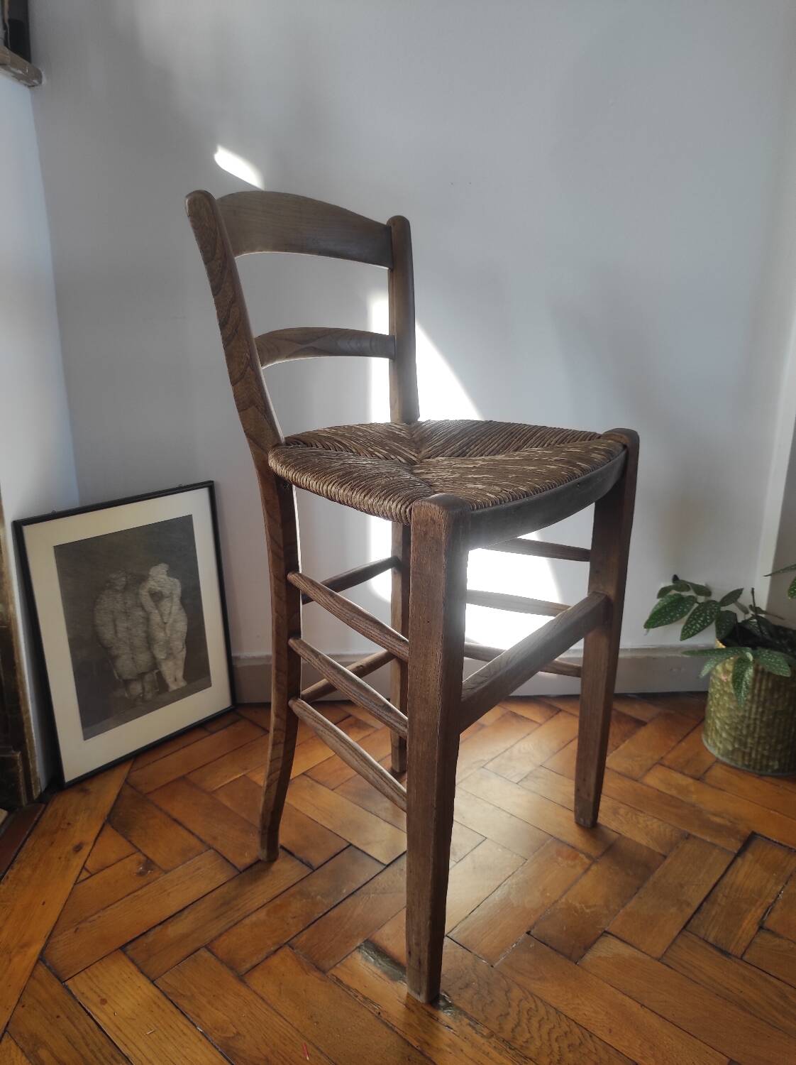 Vintage wooden and straw bar stool — Brutalist Style / Perrian