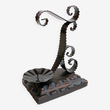 Large vintage artisanal wood and wrought iron candle holder