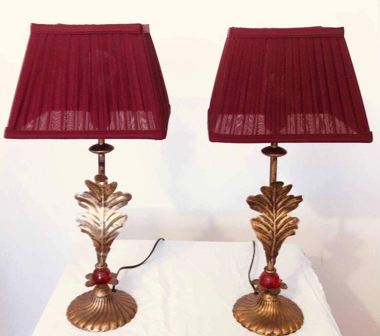 Pair of vintage golden acanthus leaf decorative lamps