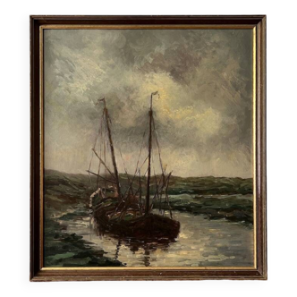 Peinture à l'huile de voilier vintage signée