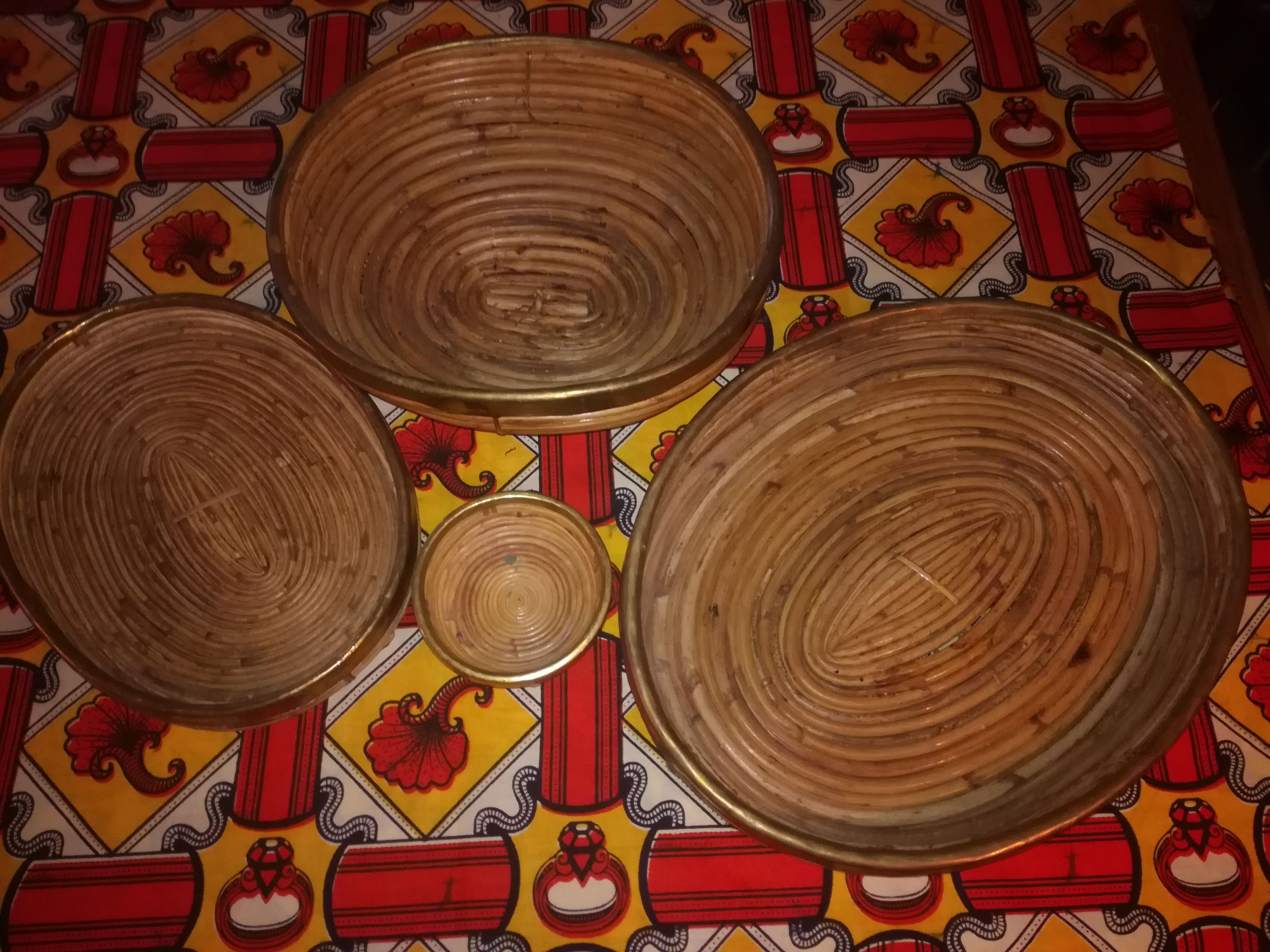 Set of bamboo and brass dishes
