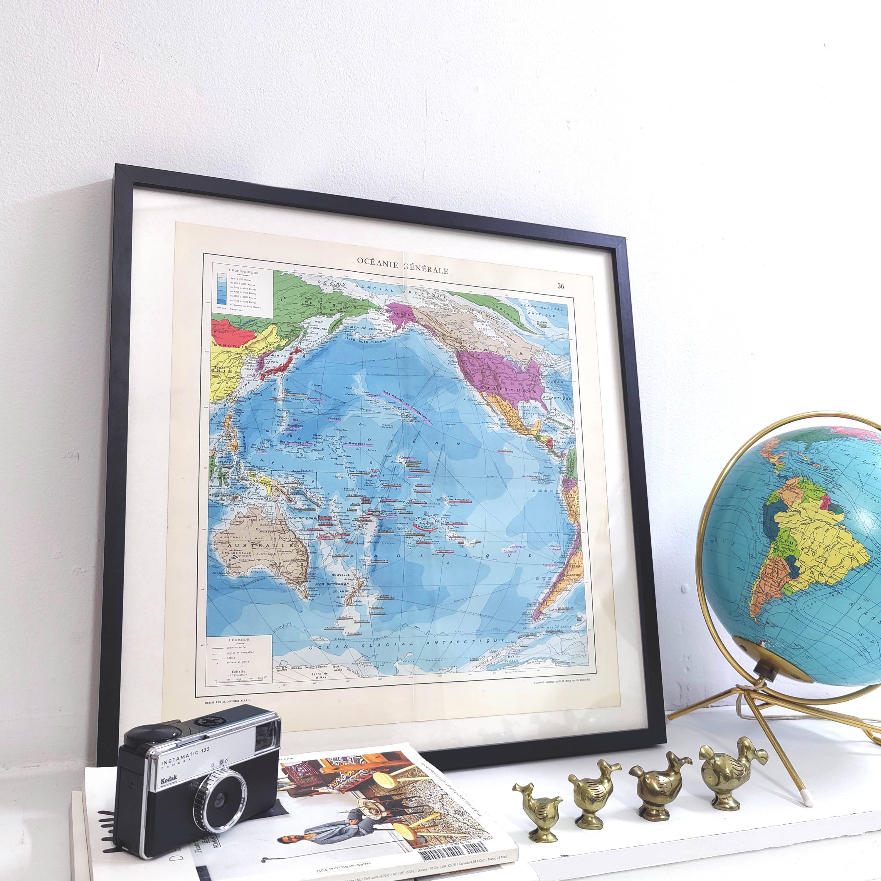 Vintage map Oceania Australia Japan 43x43cm from 1950