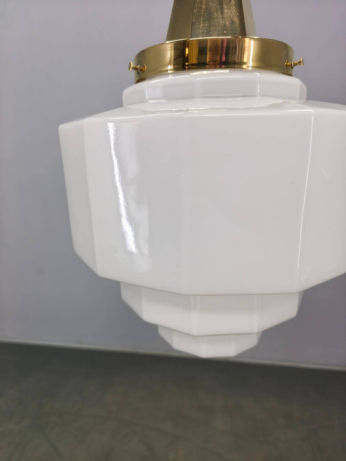 Art Deco Brass Pendant with Geometric Opaline Glass, Czechoslovakia 1930s