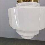 Art Deco Brass Pendant with Geometric Opaline Glass, Czechoslovakia 1930s