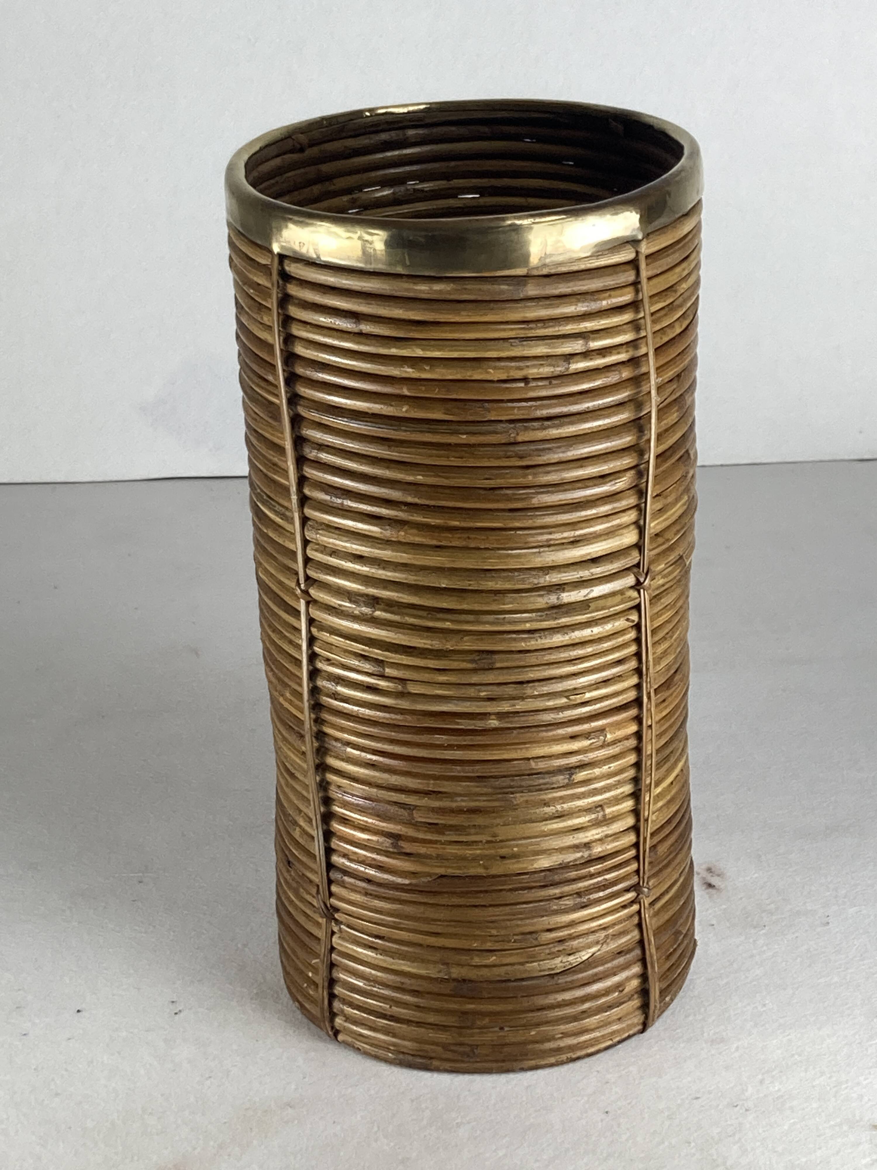 Pencil reed rattan and brass umbrella stand. or basket, Italy