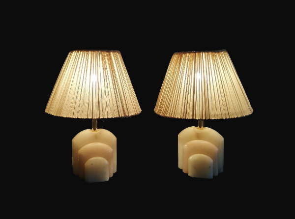 Pair of Art Deco marble alabaster pleated shade table lamps vintage